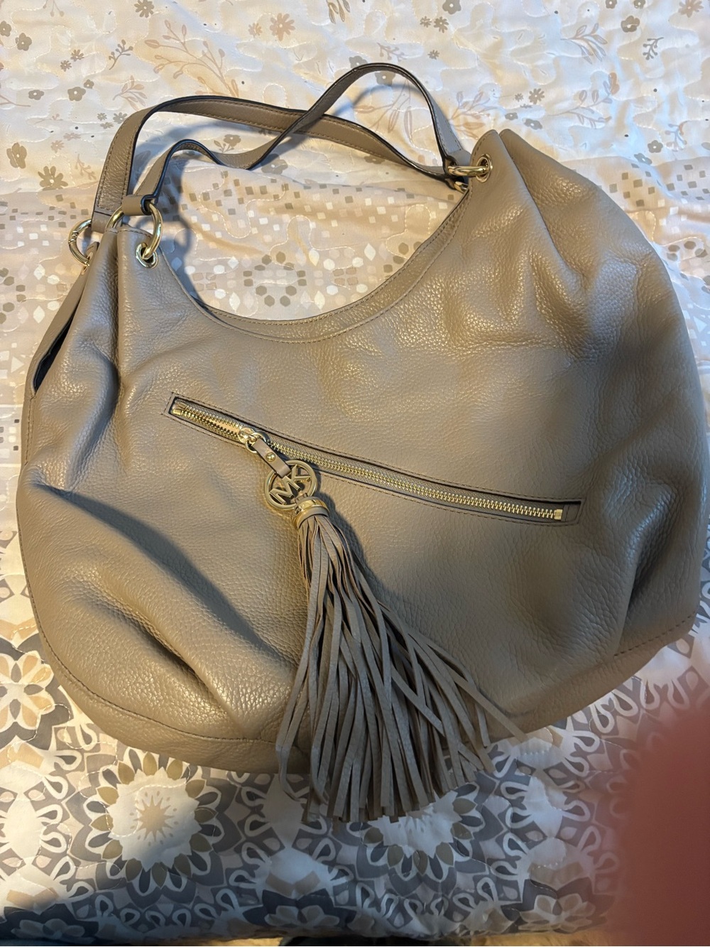 Michael Kors Taupe Leather Tassel Hobo Shoulder Bag